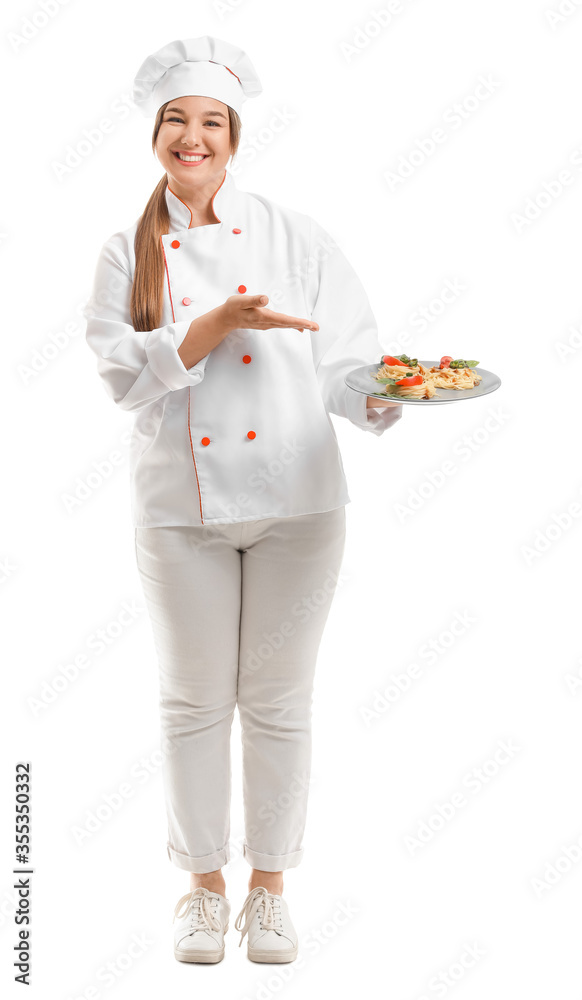 Young female chef with tasty dish on white background Young female chef with tasty dish on white background
