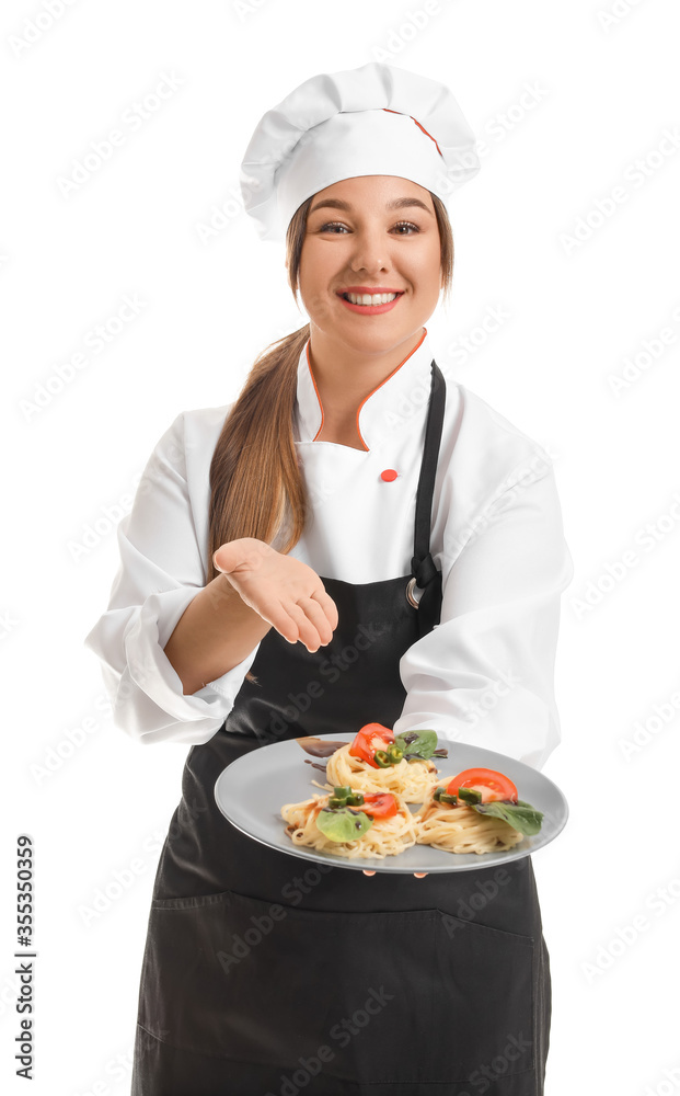 Young female chef with tasty dish on white background Young female chef with tasty dish on white background