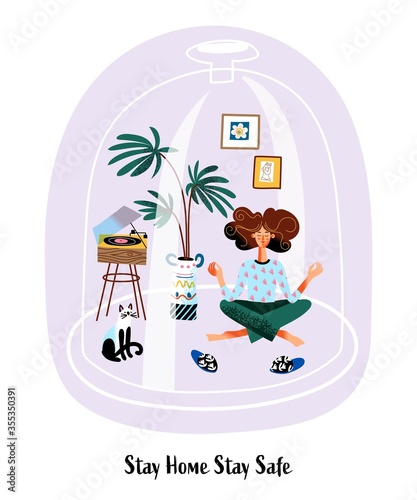 Stay home Stay safe concept. Woman is meditating self isolation