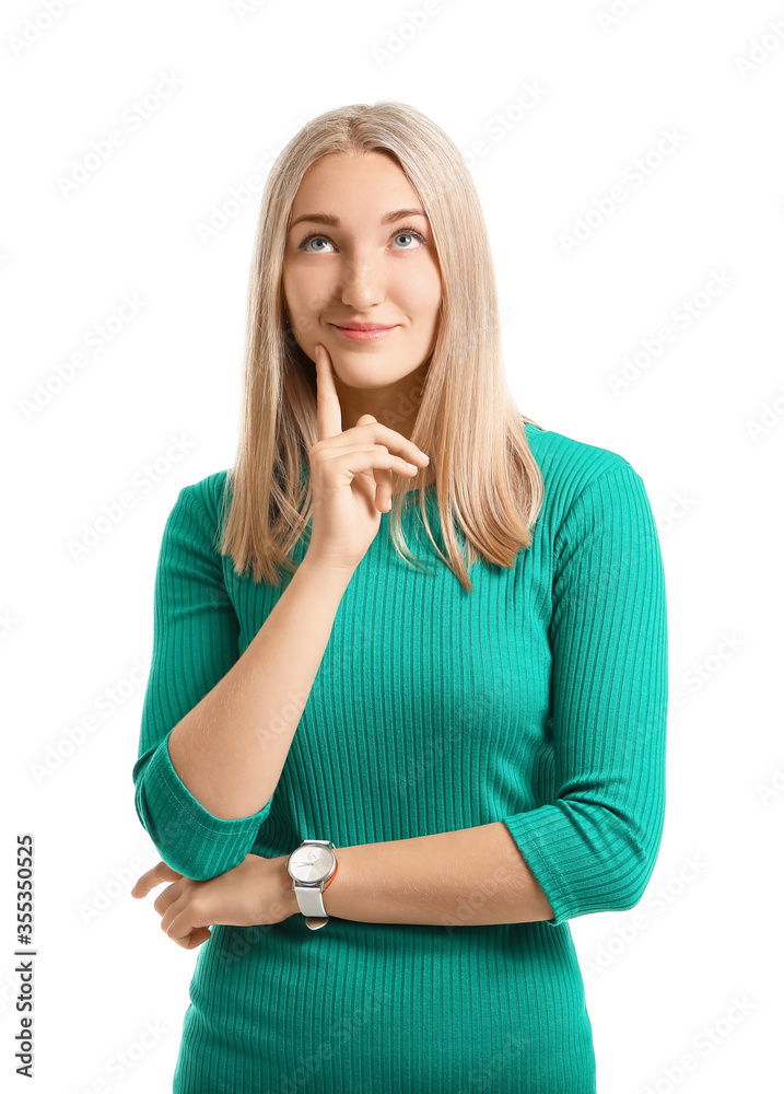 Thoughtful young woman on white background Thoughtful young woman on white background