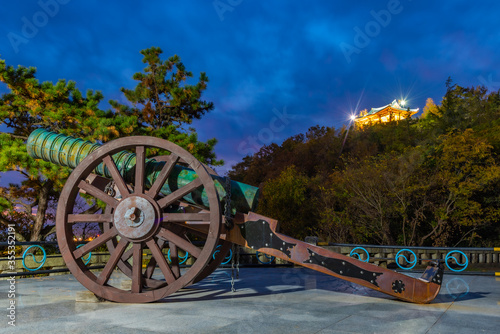 Night view of a cannon at Yudal mountain in Mokpo, Republic of Korea photo