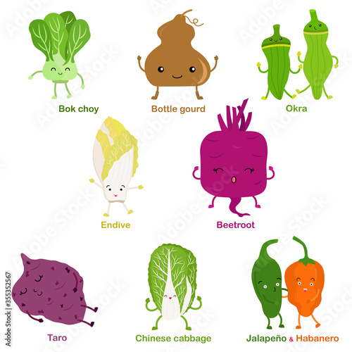 Cute vector of square shaped smiling fruit, vegetable with happy face - Bok choy Okra Beetroot Bottle gourd Taro Endive Chinese cabbage Jalapeno Habanero. Colorful set of food illustration on white