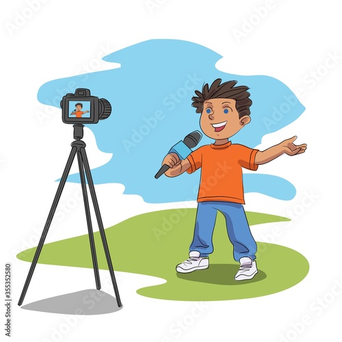 Vector happy boy shooting video content for blog