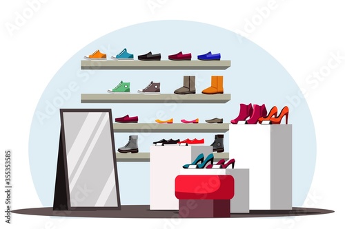 Vector flat illustration of interior design of shoe store background