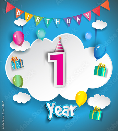 1st Anniversary Celebration Design, with clouds and balloons, confetti. Vector template elements for birthday celebration party.