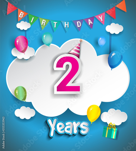2nd Anniversary Celebration Design, with clouds and balloons, confetti. Vector template elements for birthday celebration party.