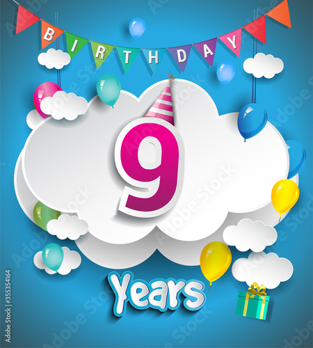 9th Anniversary Celebration Design, with clouds and balloons, confetti. Vector template elements for birthday celebration party.