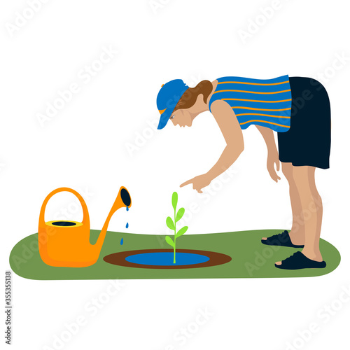 Vector cartoon illustration  theme of gardening. A woman watered a plant and threatens with a finger, a yellow watering can stands next to it, concept of agricultural summer work in garden, infield