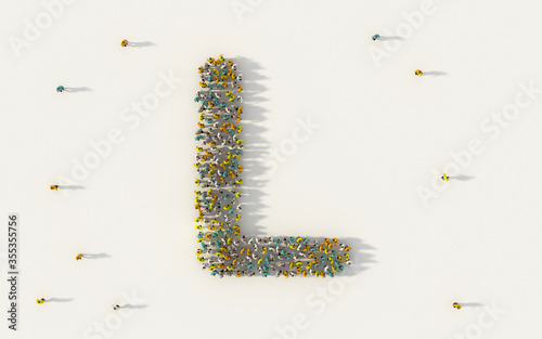 Large group of people forming letter L, capital English alphabet text character in social media and community concept on white background. 3d sign symbol of crowd illustration from above photo