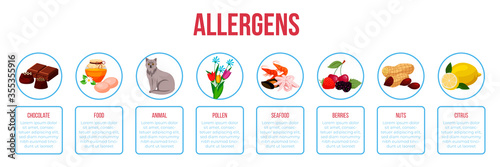 Allergy concept. Some foods, sweets, pet hair, seasonal flowers trigger allergic reaction of immune system. Banner design with symbols of potentially dangerous allergens for humans. Vector