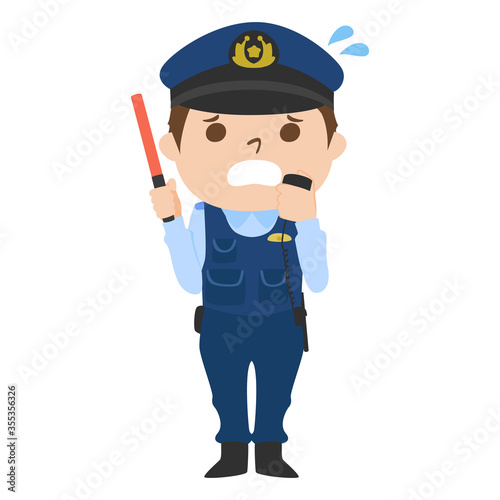 無線と赤色の誘導棒を持って困ってる性警察官のイラスト。