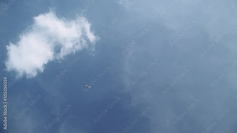Steady shot of Airplane slowly flying across a deep blue sunny sky from the bottom right to the top left corner of the screen. Steady shot of Airplane slowly flying across a deep blue sunny sky from the bottom right to the top left corner of the screen.