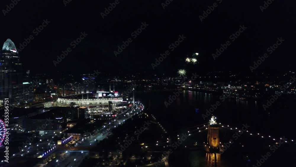 Drone of Downtown Cincinnati, Ohio at night with Fireworks Drone of Downtown Cincinnati, Ohio at night with Fireworks