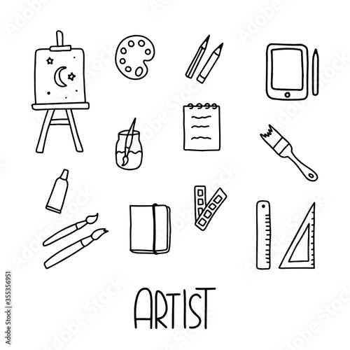 Artist icons with lettering. Hand draw vector line illustration. The set consists of easel, palette. pencils, brushes, rulers, tablet, notepad and more.