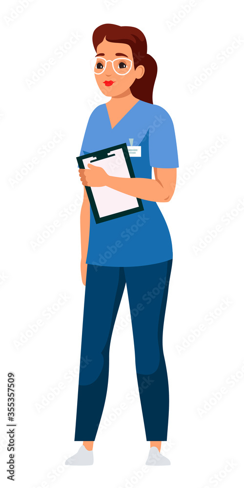 Female doctor flat vector character. Nurse, medic on white background. Therapist, physician, specialist isolated clipart. Hospital, medical clinic worker holding patient card.