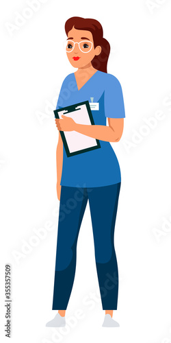 Female doctor flat vector character. Nurse, medic on white background. Therapist, physician, specialist isolated clipart. Hospital, medical clinic worker holding patient card.