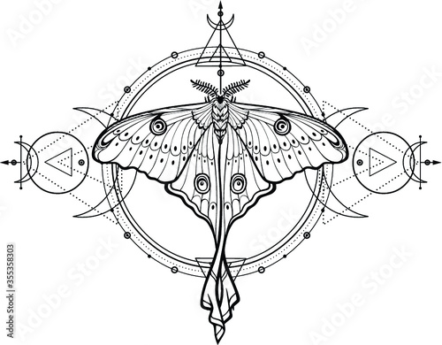 Mystical drawing: tropical butterfly, sacred geometry, moon phases, energy circles. Alchemy, magic, esoteric, occultism. Monochrome Vector Illustration isolated on a white background