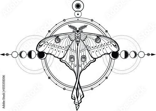 Mystical drawing: tropical butterfly, sacred geometry, moon phases, energy circles. Alchemy, magic, esoteric, occultism. Monochrome Vector Illustration isolated on a white background