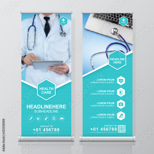 Healthcare and medical roll up design, standee banner template for exhibition