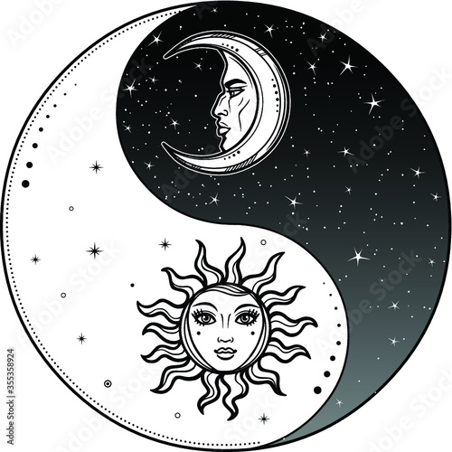 Mystical drawing: Stylized sun and moon with human face, day and night. Zen symbol. Ying yang sign of harmony and balance. Monochrome Vector Illustration isolated on a white background