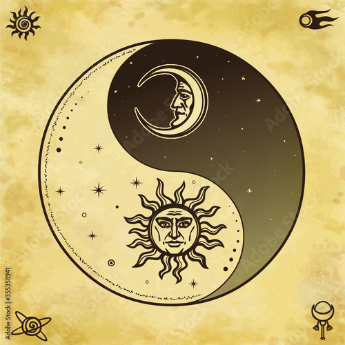 Mystical drawing: Stylized sun and moon with human face, day and night. Zen symbol. Ying yang sign of harmony and balance.Background - imitation of old paper. Vector Illustration. 