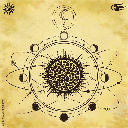 Mystical drawing: stylized Solar System, orbits of planets, Phases of the moon. Sacred geometry. Background - imitation of old paper. Vector Illustration. Print, poster, T-shirt, postcard.