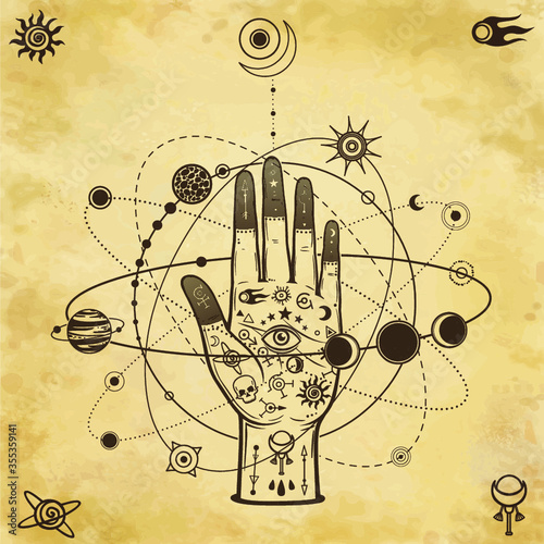 Mystical drawing: tattoo human hand holds the universe. Planets and stars rotate in orbits around the palms. Background - imitation of old paper. Vector Illustration. Print, poster, T-shirt, postcard.
