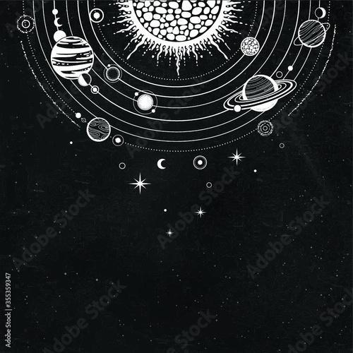 Cosmic drawing: stylized Solar system, orbits, planets, space structure. Place for the text.  Background - black star sky. Vector illustration. Print, poster, T-shirt, card.