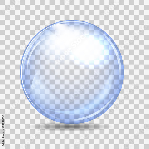 Cyan transparent glass sphere with glares and shadow. Vector illustration