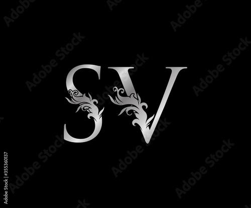 Classy Silver letter S, V and SV Vintage decorative ornament letter stamp, wedding logo, classy letter logo icon. photo