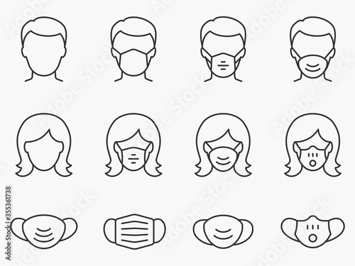 Medical face mask line icons set. Black vector illustration. Editable stroke.