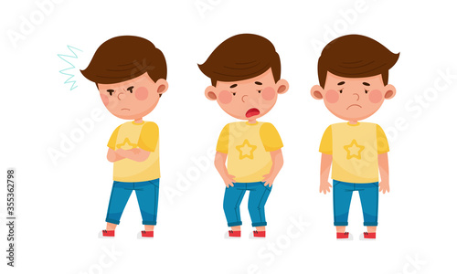 Little Boy Standing with Angry and Exhausted Face Expression Vector Set