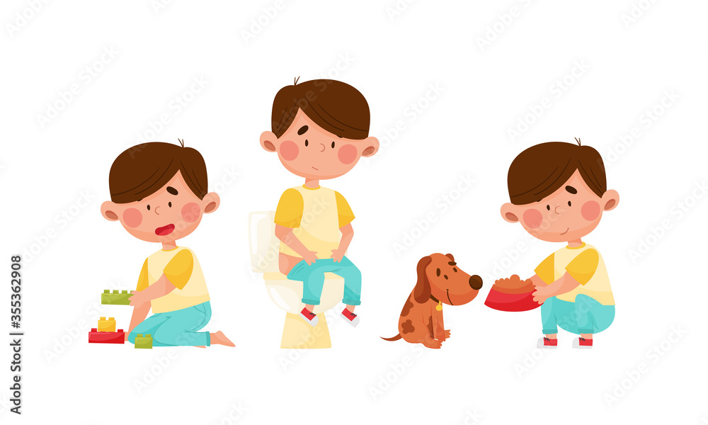 Cute Boy Character Sitting in the Toilet, Feeding the Dog and Playing with Blocks Vector Illustrations Set Cute Boy Character Sitting in the Toilet, Feeding the Dog and Playing with Blocks Vector Illustrations Set