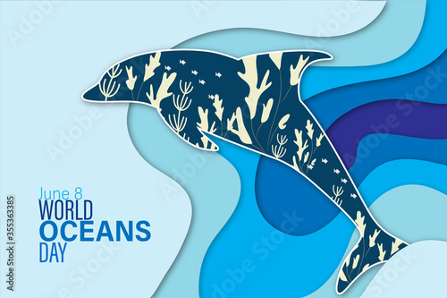 World oceans day banner with paper-cut dolphin on it, A day dedicated to the protection and preservation of the oceans..