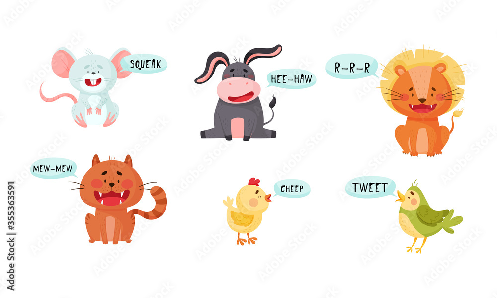Fototapeta premium Cute Animals Emitting Sounds and Tooting Vector Set