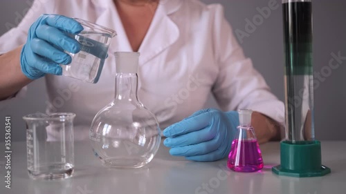 Close-up, A female scientist in the laboratory pours a clear liquid into a laboratory flask.
