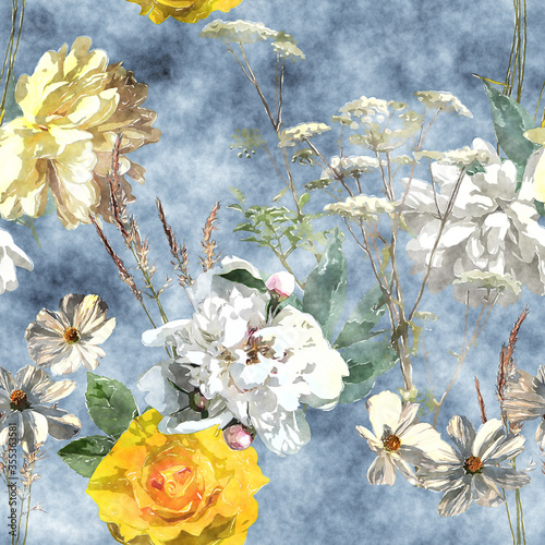 art vintage watercolor floral seamless pattern with roses, peonies, asters, leaves and grasses on blue background