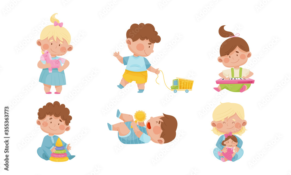 Baby Boys and Girls Sitting on the Floor and Playing with Their Toys Vector Set