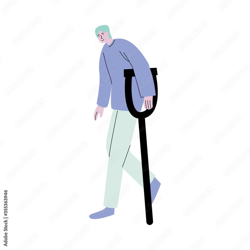 Young man patient walking with crutches after visiting doctor Young man patient walking with crutches after visiting doctor