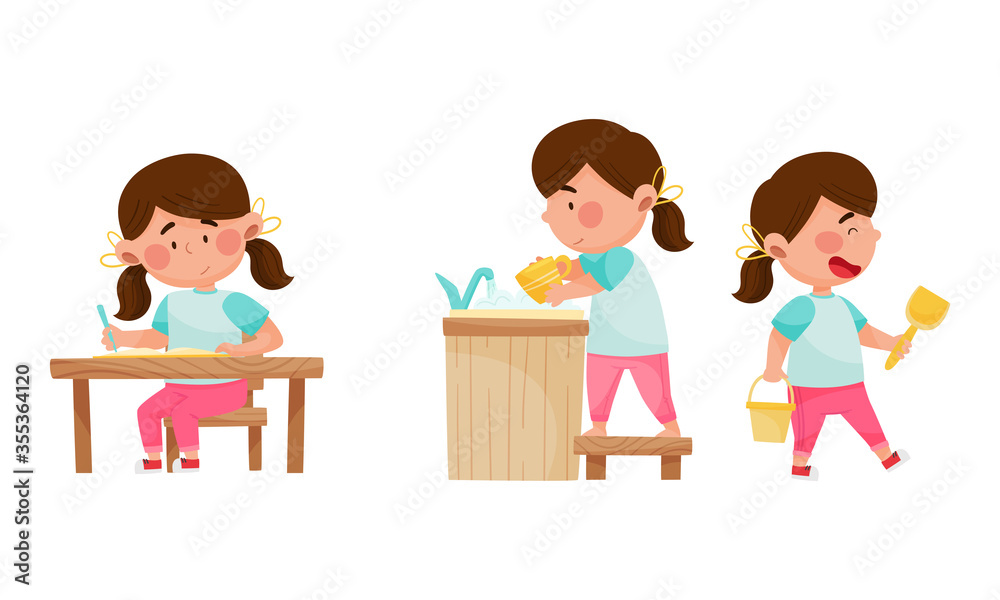 Cute Girl Character Doing Her Homework, Washing the Dishes and Playing Outdoor Vector Illustrations Set Cute Girl Character Doing Her Homework, Washing the Dishes and Playing Outdoor Vector Illustrations Set