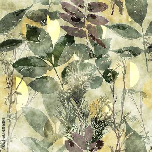 art vintage watercolor floral seamless pattern with monochrome green leaves and grasses on old gold background