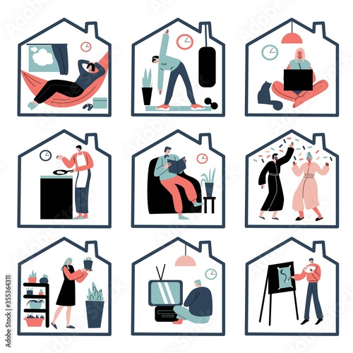 People enjoying life and doing casual things at home in house silhouette frame
