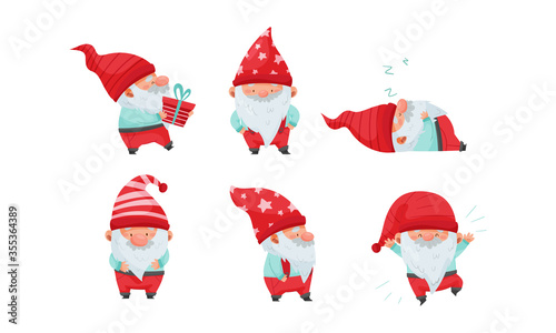 Fantastic Gnome or Dwarf Character with Red Hat and White Beard Sleeping and Carrying Gift Box Vector Set