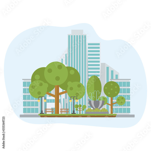 Public park in the city . Building and city park landscape. Vector illustration.