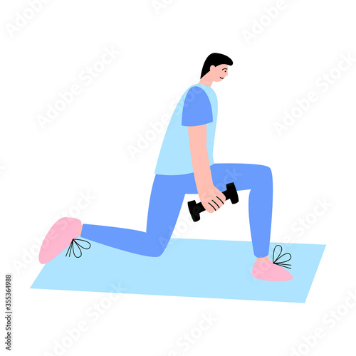 Young man doing exercises and workout in gym during weekday