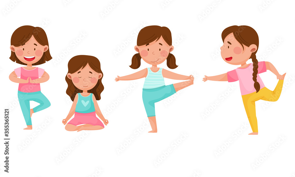 Little Girl Standing in Yoga Pose Breathing Deeply Vector Illustrations Set