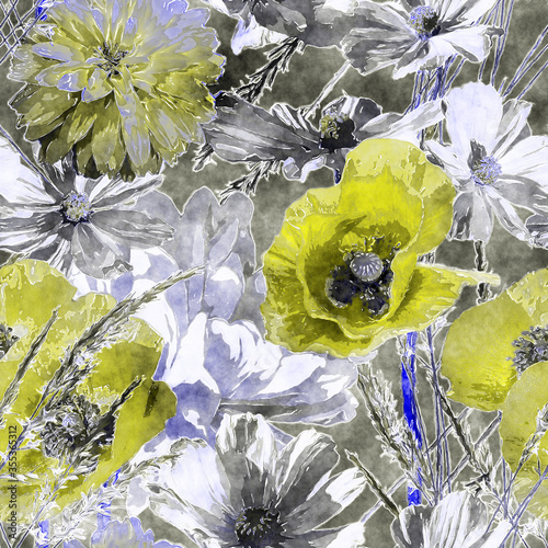 art vintage watercolor colorful floral seamless pattern with poppies, peonies, roses, leaves and grasses on white  background