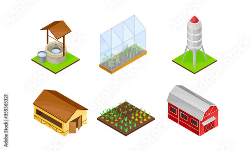 Greenhouse with Agricultural Crops Growing in Germination Bed and Barn Vector Set