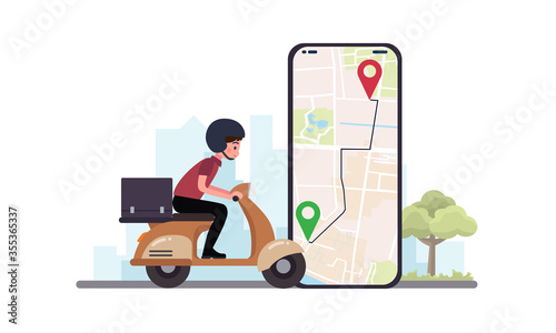 Food delivery service. Food delivery service by scooter with courier. Hand holding mobile application tracking a delivery man on a moped. city skyline in the background.