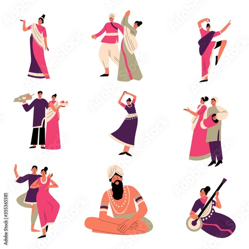 Indian people in traditional bright clothing dancing and celebrating holiday